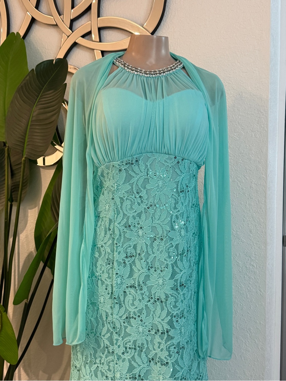 Beaded-Neck Lace & Chiffon Maxi Dress in Aqua